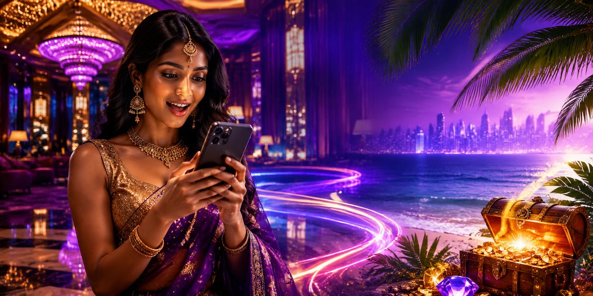 Indian woman playing lottery on mobile at beach