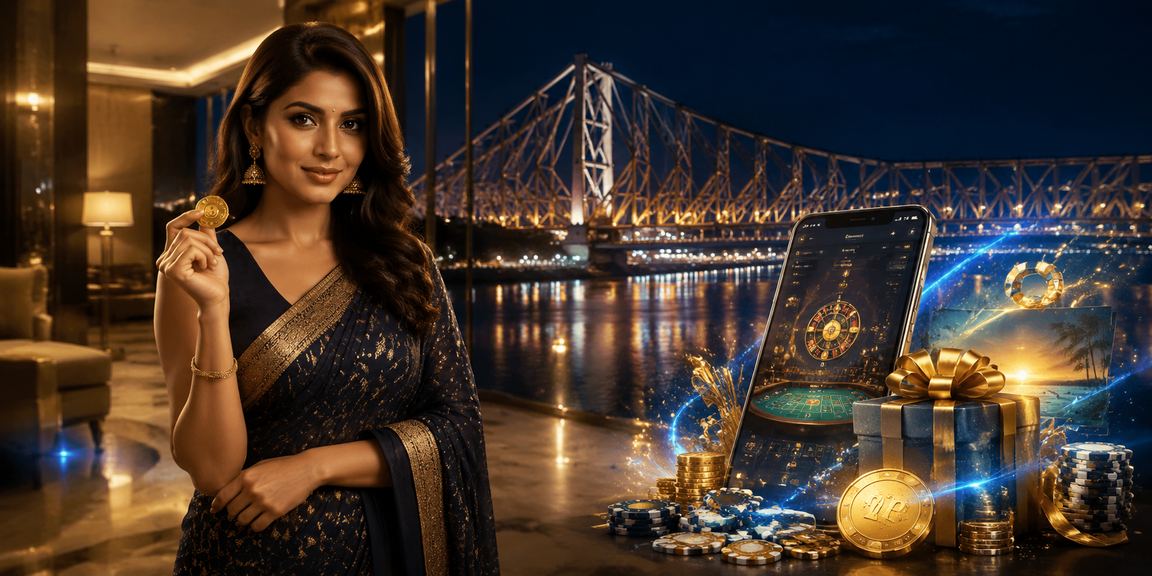 Kolkata city and Howrah Bridge at night with an atmosphere of casino and betting excitement